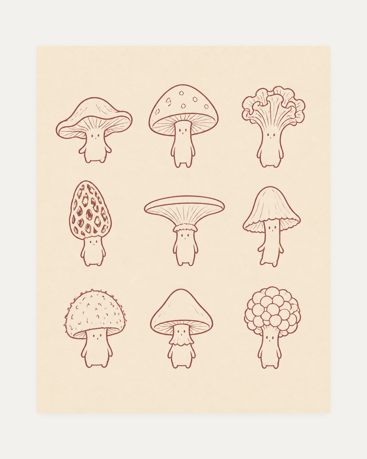 Mushroom Character Sheet, mushroom art print, nine terracotta mushroom characters on cream with small faces