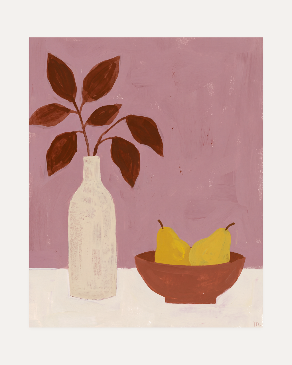 Pitcher and Lemon unframed lemon still life wall art print showing vase, leaves, and bowl in purple, white, and brown