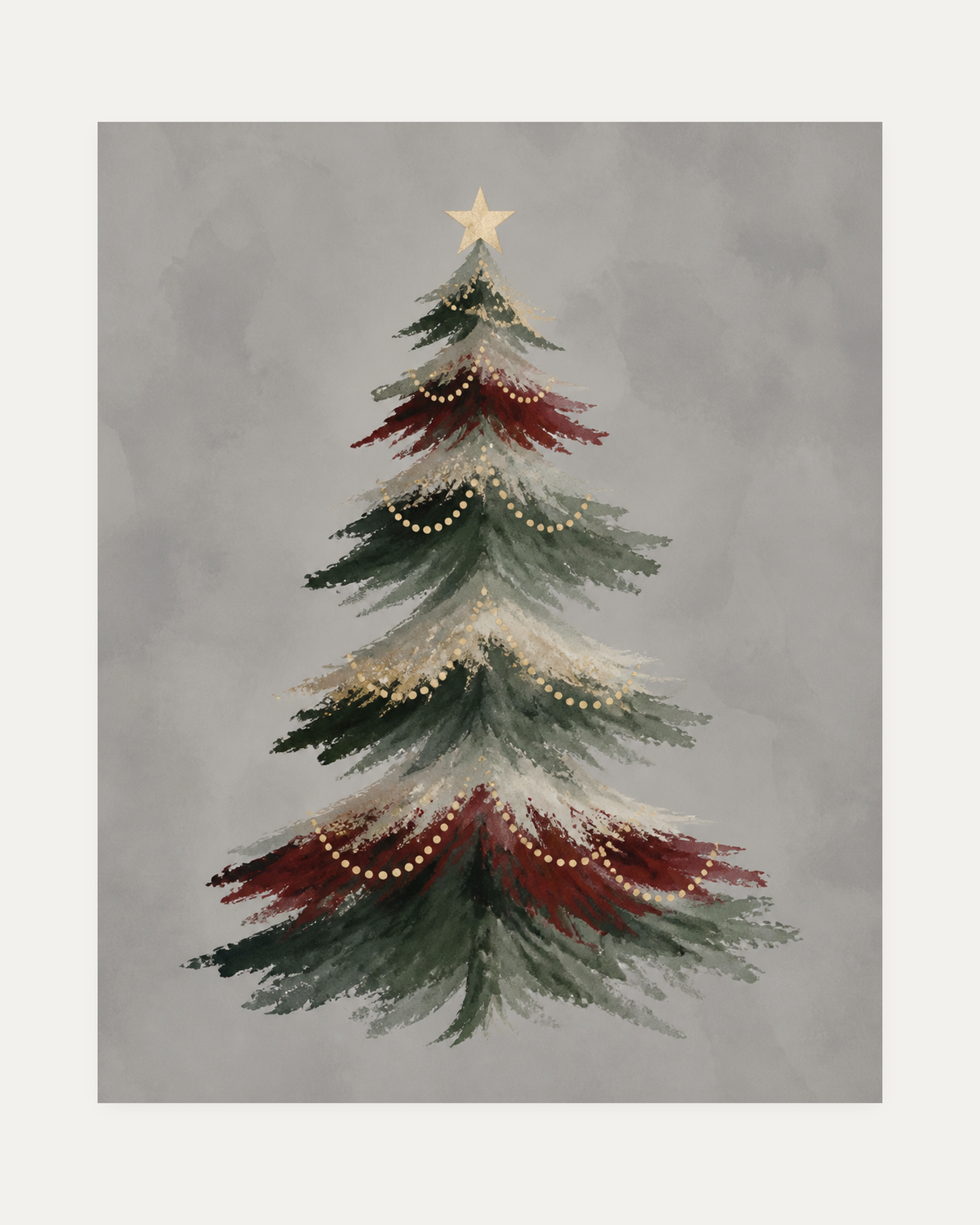 Ribbon Pine unframed ribbon pine print showing a brushy fir with gold bead garlands