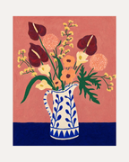 Pink Table Blooms unframed floral bouquet print showing flowers, leaves, and vase in pink, blue, and green