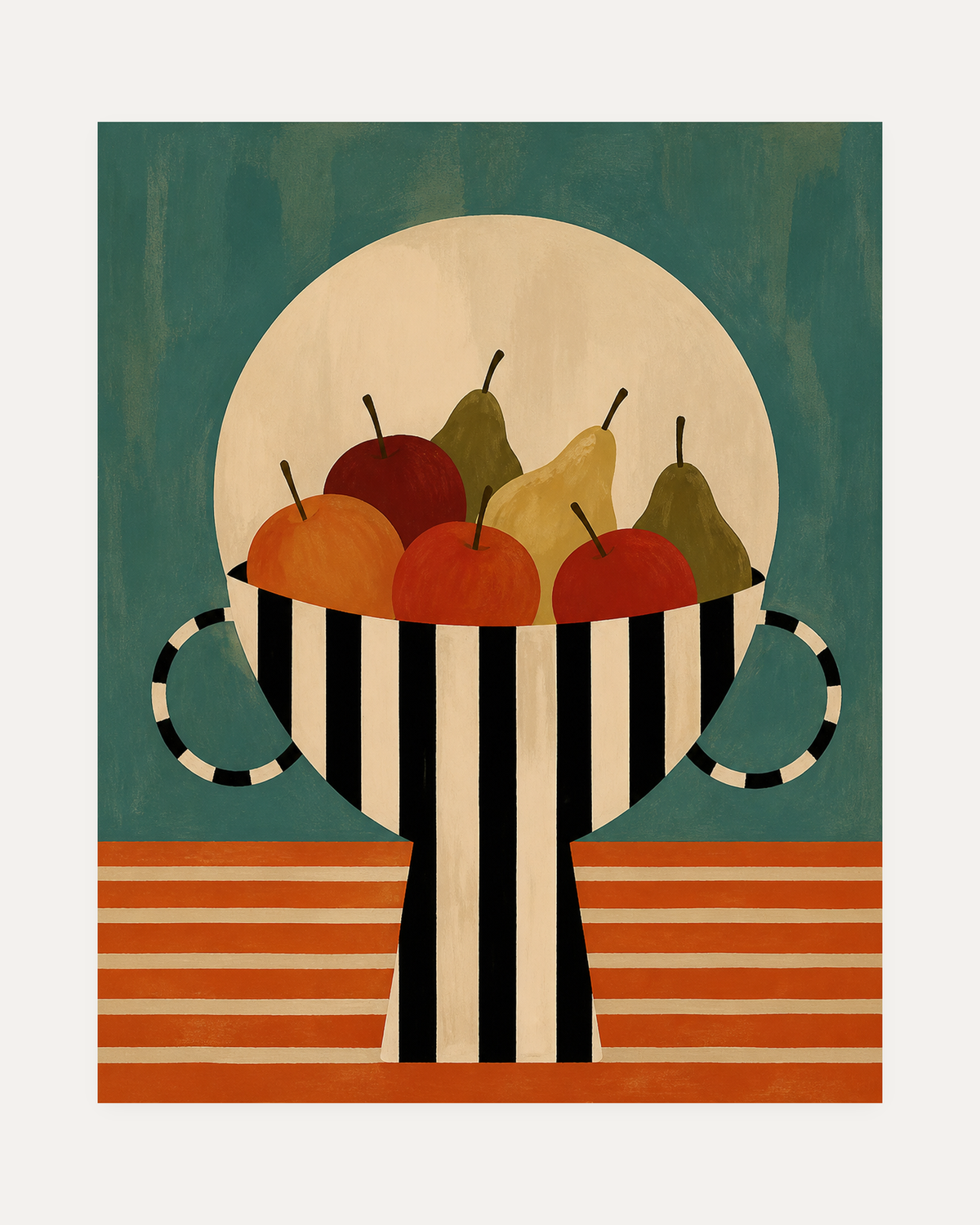Market Bowl unframed fruit bowl wall art print showing apples and pears in a striped bowl