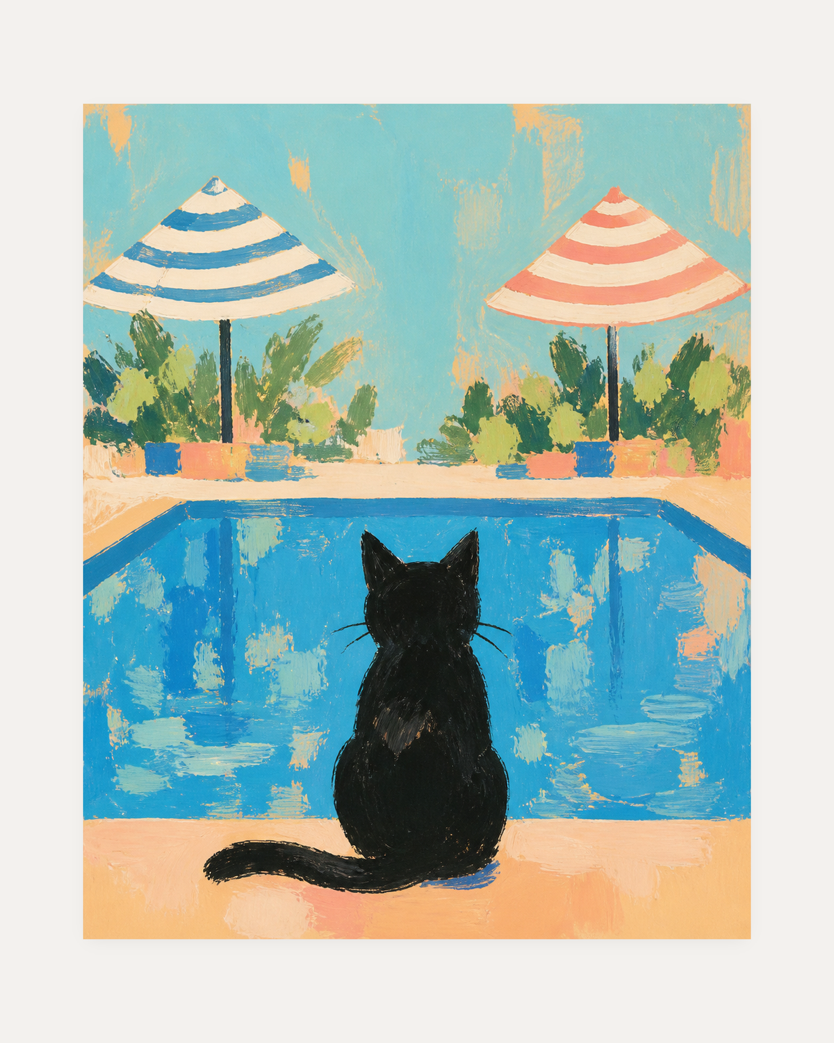 Poolside Cat unframed pool cat print showing a black cat beside blue pool water