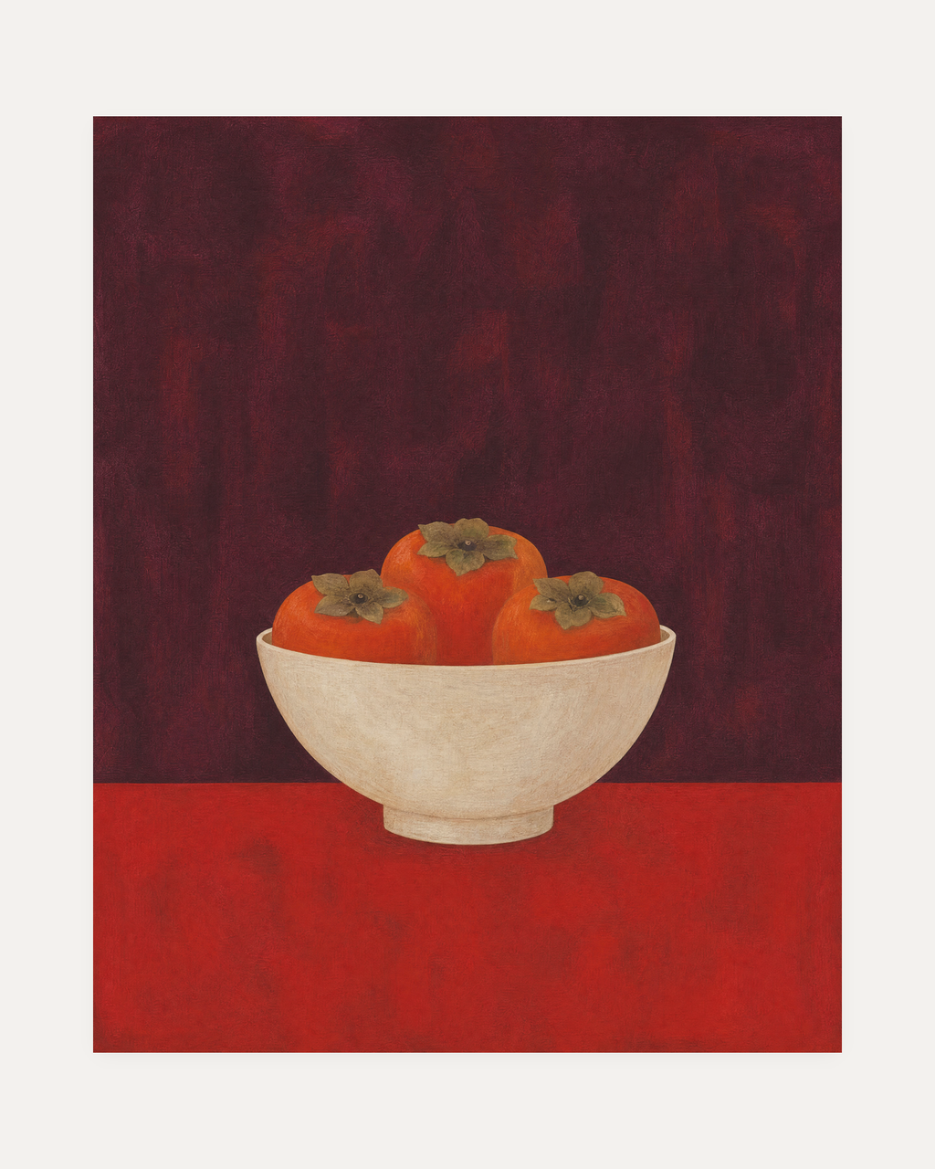 One Bowl Three Persimmons unframed persimmon still life wall art print showing three orange persimmons in a cream bowl on red and maroon