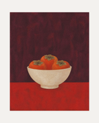 One Bowl Three Persimmons unframed persimmon still life wall art print showing three orange persimmons in a cream bowl on red and maroon