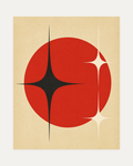 Atomic Signal red atomic spark wall art with red disc, black starburst, cream grid stars on beige