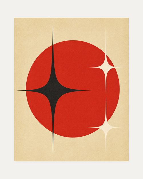 Atomic Signal red atomic spark wall art with red disc, black starburst, cream grid stars on beige
