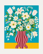 Morning Blooms white bloom pink vase wall art with white blossoms, striped pink vase, turquoise field