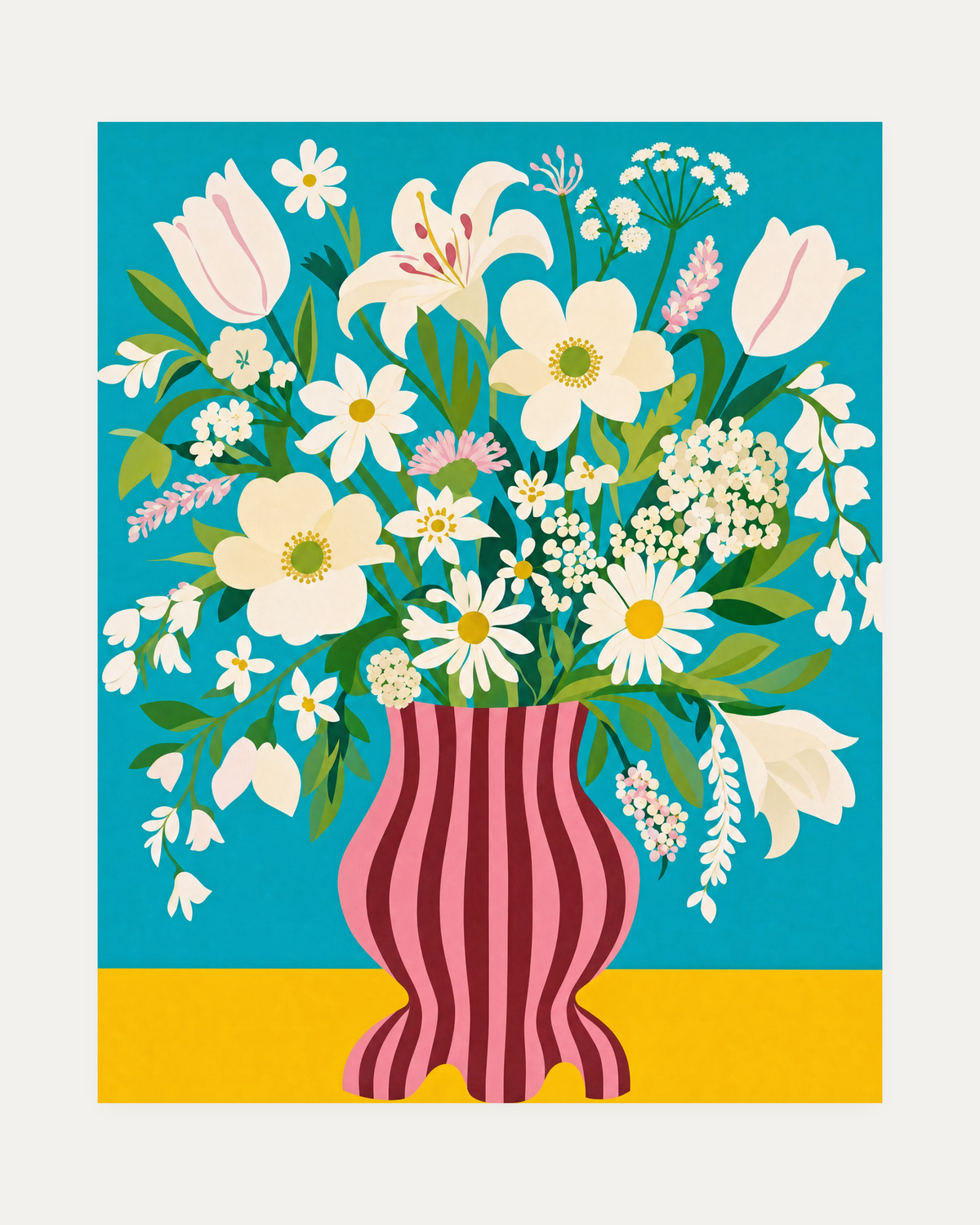 Morning Blooms white bloom pink vase wall art with white blossoms, striped pink vase, turquoise field