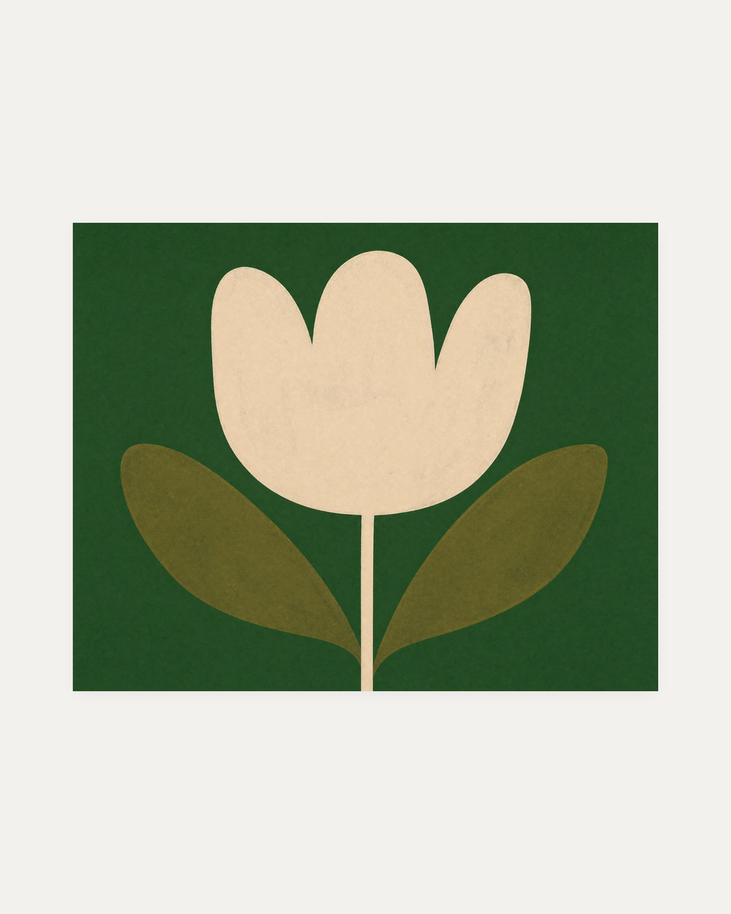 Tulip Hour, cream tulip wall art, beige three-petal flower on green field with olive leaves and brown stem