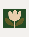 Tulip Hour, cream tulip wall art, beige three-petal flower on green field with olive leaves and brown stem