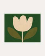 Tulip Hour, cream tulip wall art, beige three-petal flower on green field with olive leaves and brown stem