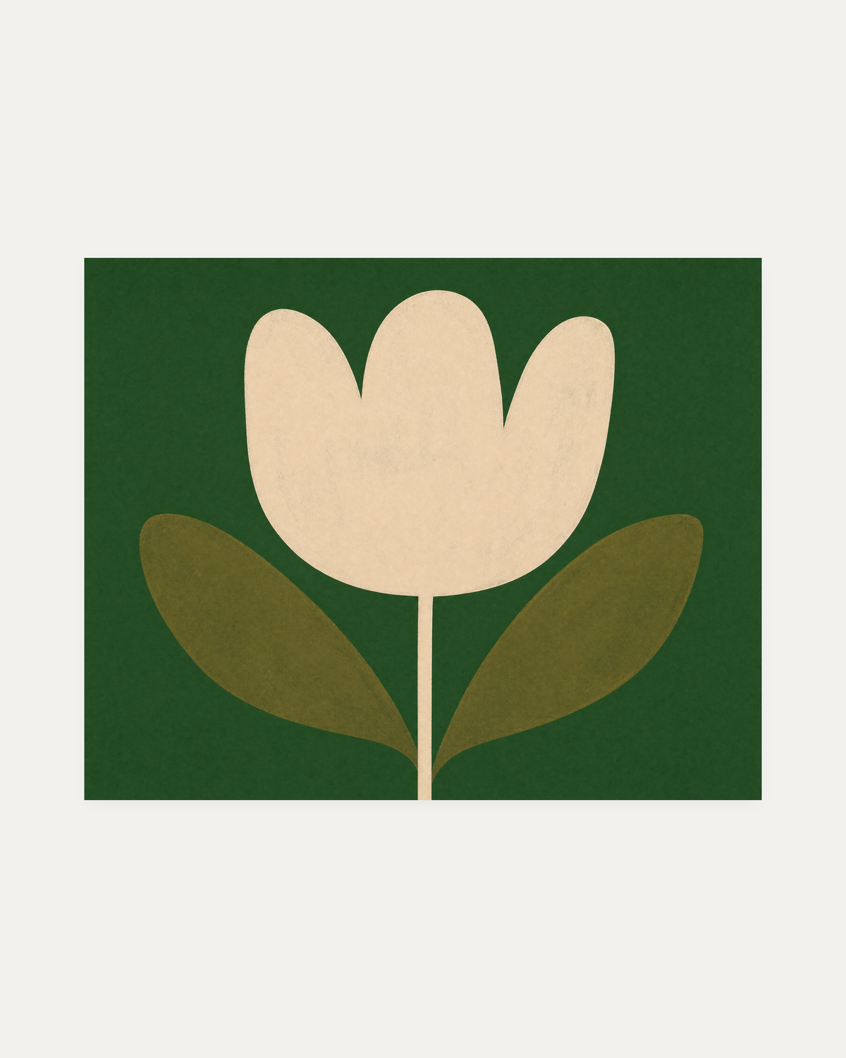 Tulip Hour, cream tulip wall art, beige three-petal flower on green field with olive leaves and brown stem