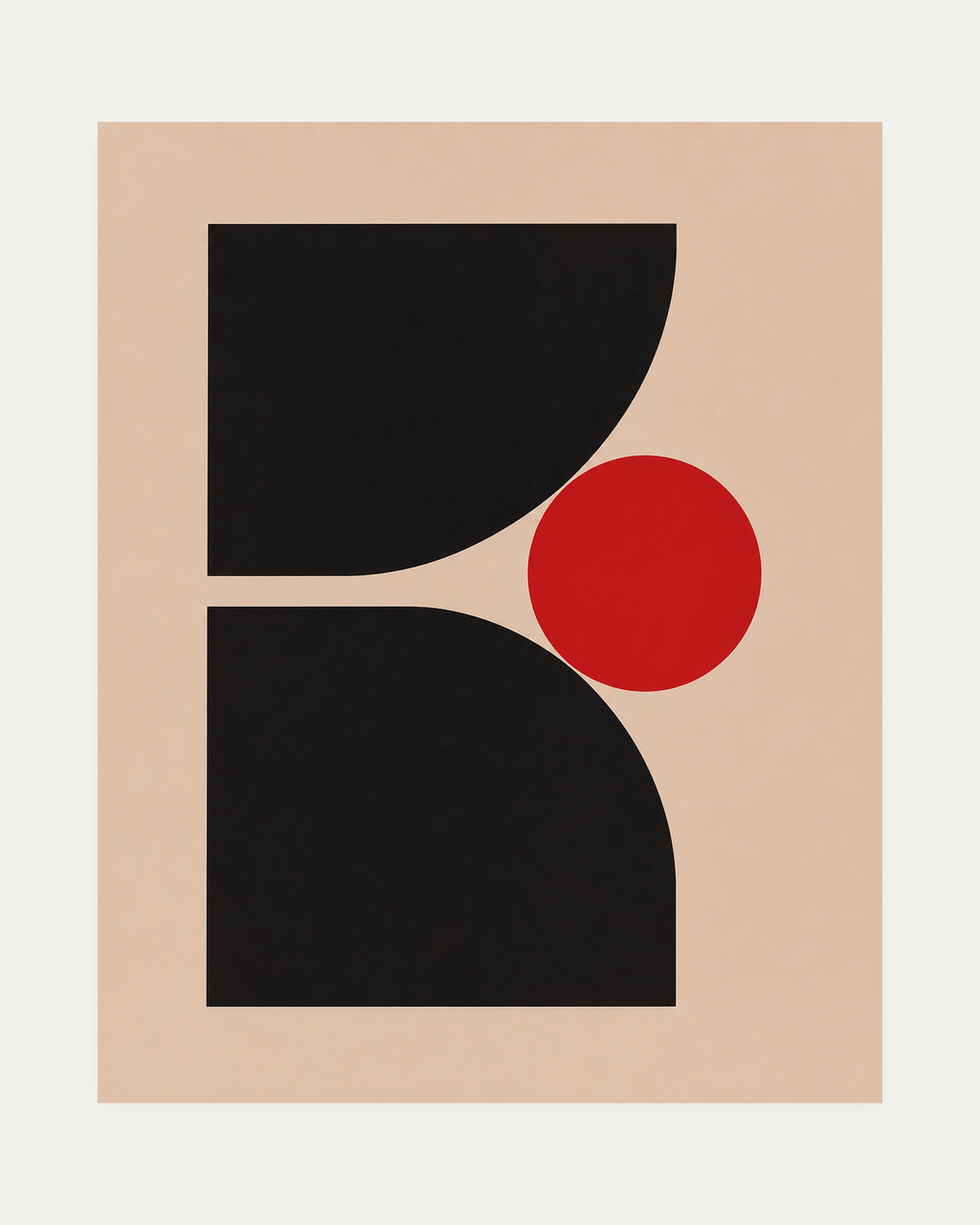 Block Signal unframed geometric poster print showing two black blocks and one red disc on pale peach paper