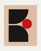 Block Signal unframed geometric poster print showing two black blocks and one red disc on pale peach paper