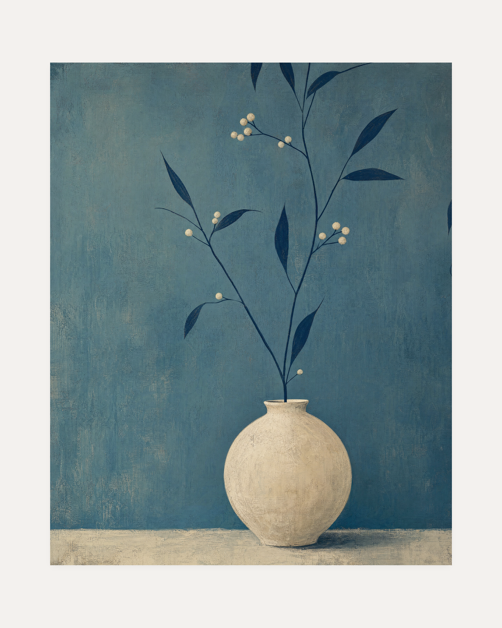 Slate Branch Vessel unframed branch with berries print showing vase, branch, and leaves in blue, cream, and dark blue