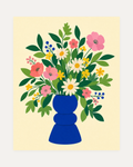 Morning Bouquet unframed flower bouquet wall art print showing pink and white flowers in a cobalt blue vase