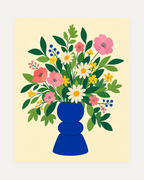 Morning Bouquet unframed flower bouquet wall art print showing pink and white flowers in a cobalt blue vase