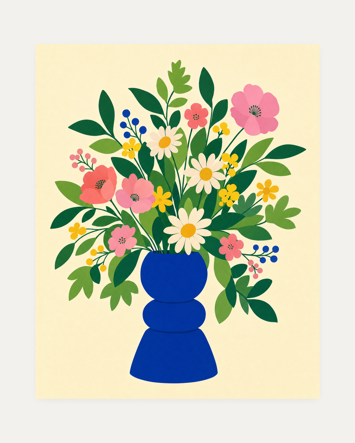 Morning Bouquet unframed flower bouquet wall art print showing pink and white flowers in a cobalt blue vase