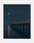 Night Pier unframed moonlit pier print showing a night pier under a burnt-orange moon