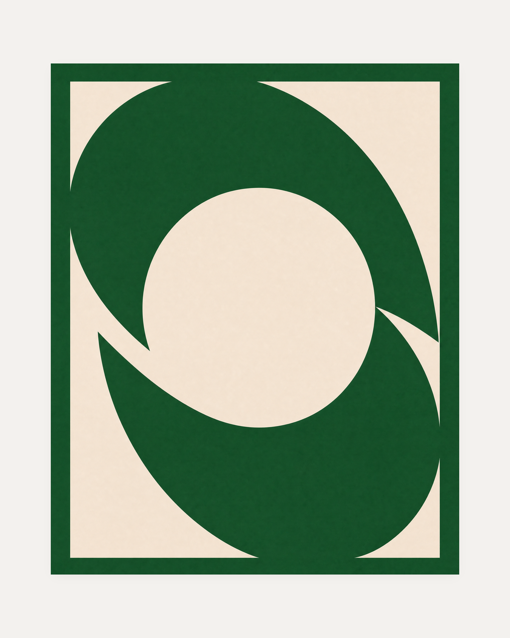 Two Green Arcs One Disk unframed abstract circle wall art print showing two green arcs and a cream disk in a green frame