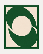 Two Green Arcs One Disk unframed abstract circle wall art print showing two green arcs and a cream disk in a green frame