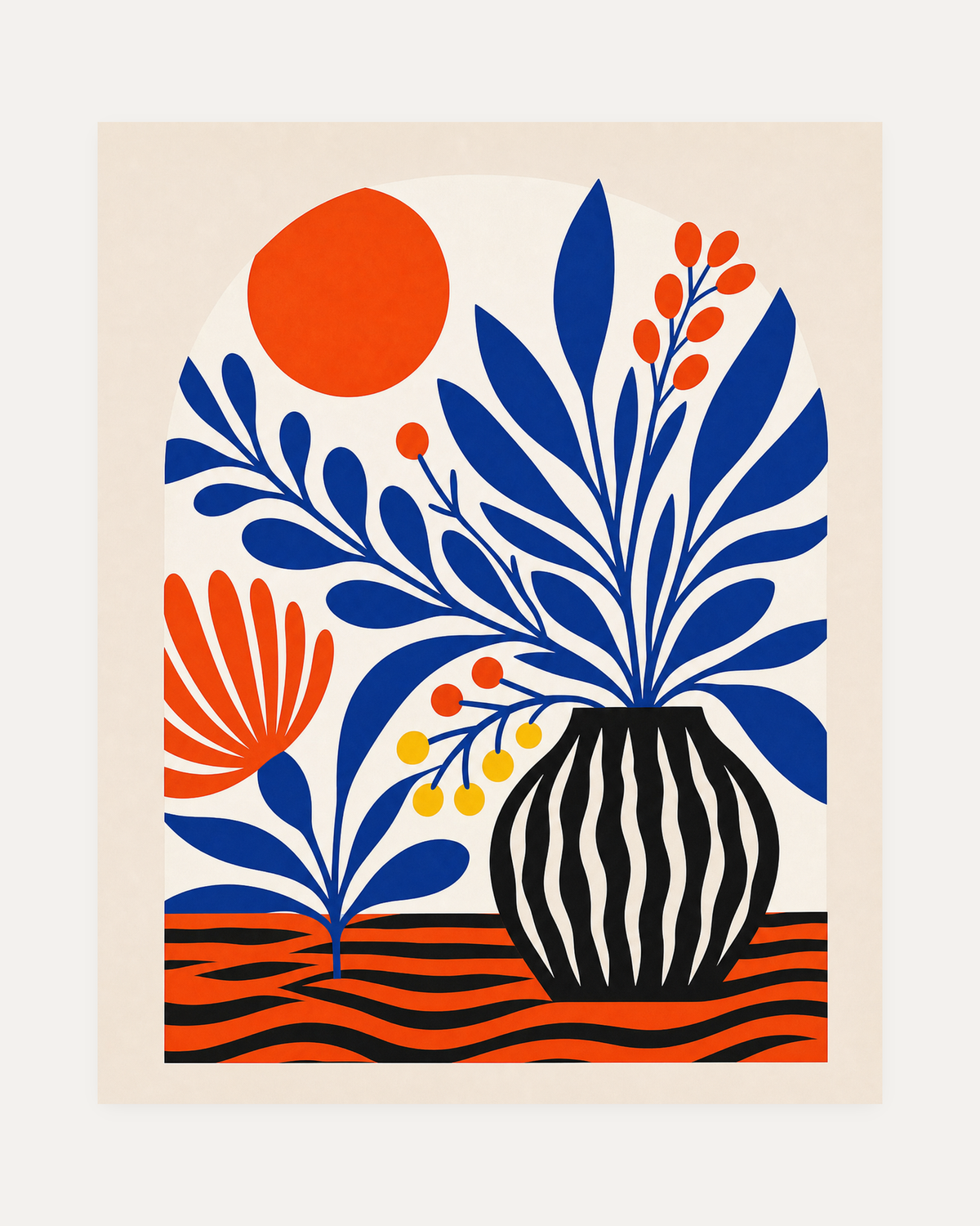 Afternoon Vase unframed botanical plant prints print showing cobalt leaves and orange berries in a cream arch