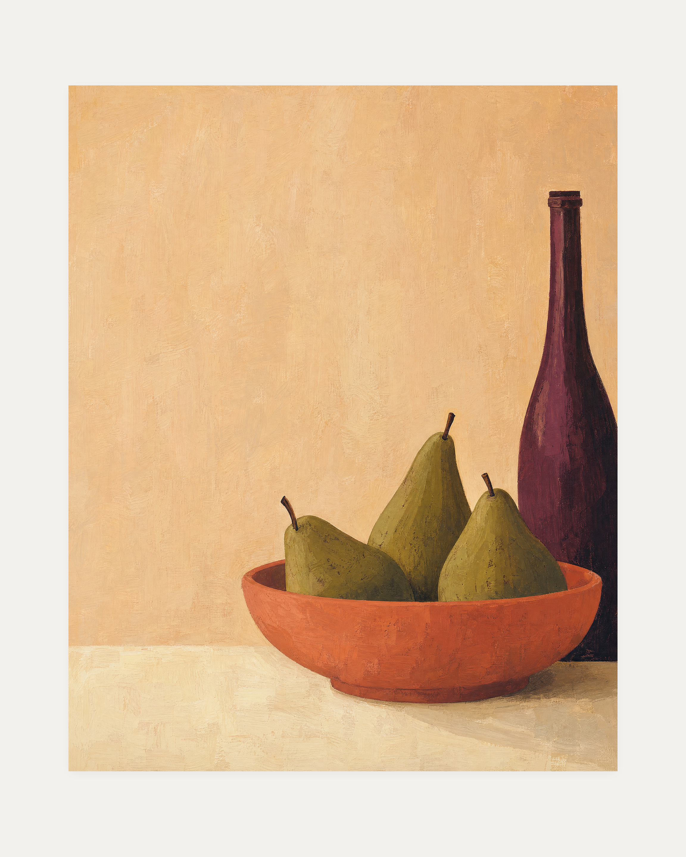 Red Vessel Cluster unframed pears and bowl print showing pears, bowl, and bottle in green, terracotta, and purple
