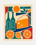 Cheese Hour unframed citrus wall art print showing bottles, cheese, and orange slices