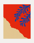 Two Coral Sprigs Blue unframed leaf print art print showing cobalt sprigs, red plane, cream rest