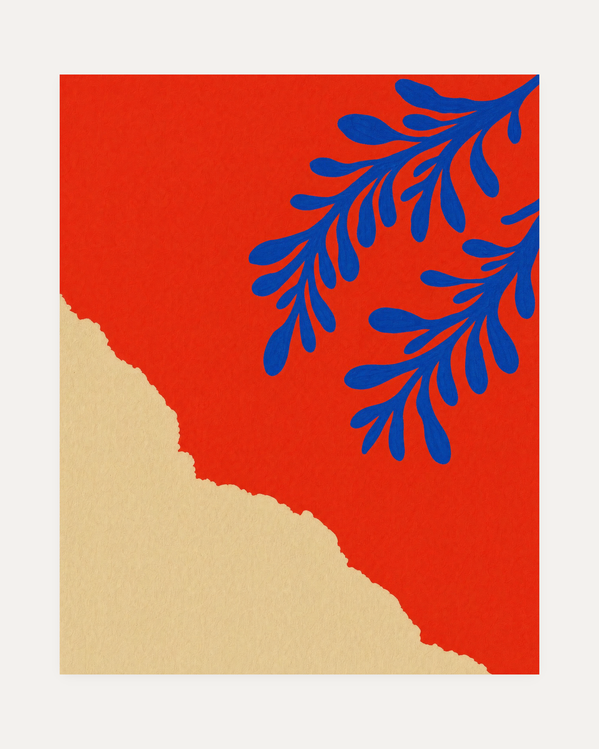 Two Coral Sprigs Blue unframed leaf print art print showing cobalt sprigs, red plane, cream rest