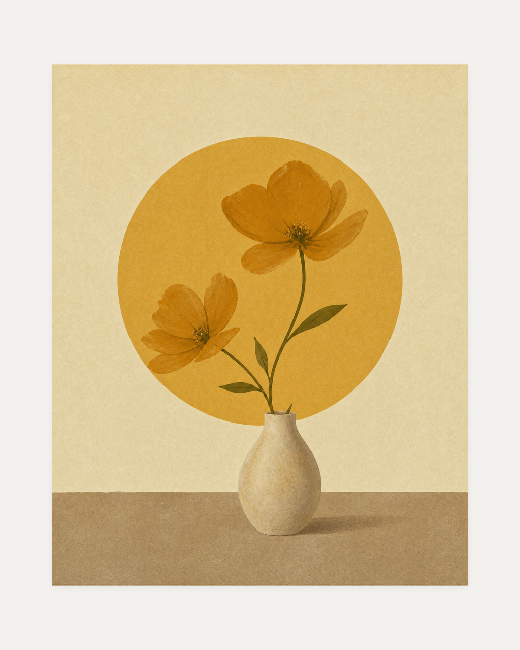 Morning Cosmos, ochre cosmos wall art, two orange flowers in a cream vase with olive stems and round yellow-brown disc