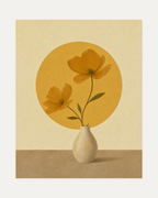 Morning Cosmos, ochre cosmos wall art, two orange flowers in a cream vase with olive stems and round yellow-brown disc