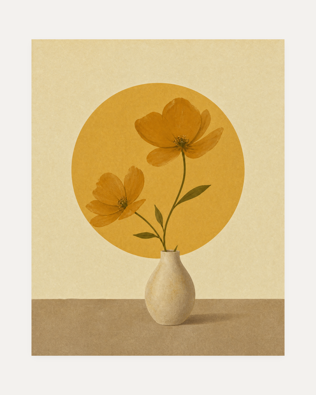 Morning Cosmos, ochre cosmos wall art, two orange flowers in a cream vase with olive stems and round yellow-brown disc