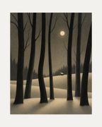 Cabin Night unframed moon prints print showing a moon over a cabin in the woods