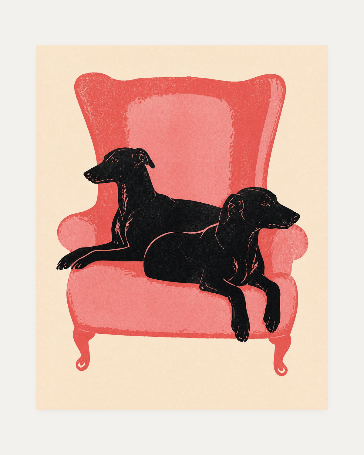 Chair Dogs, coral chair ink dogs wall art, two black dog silhouettes on a coral-red rounded armchair