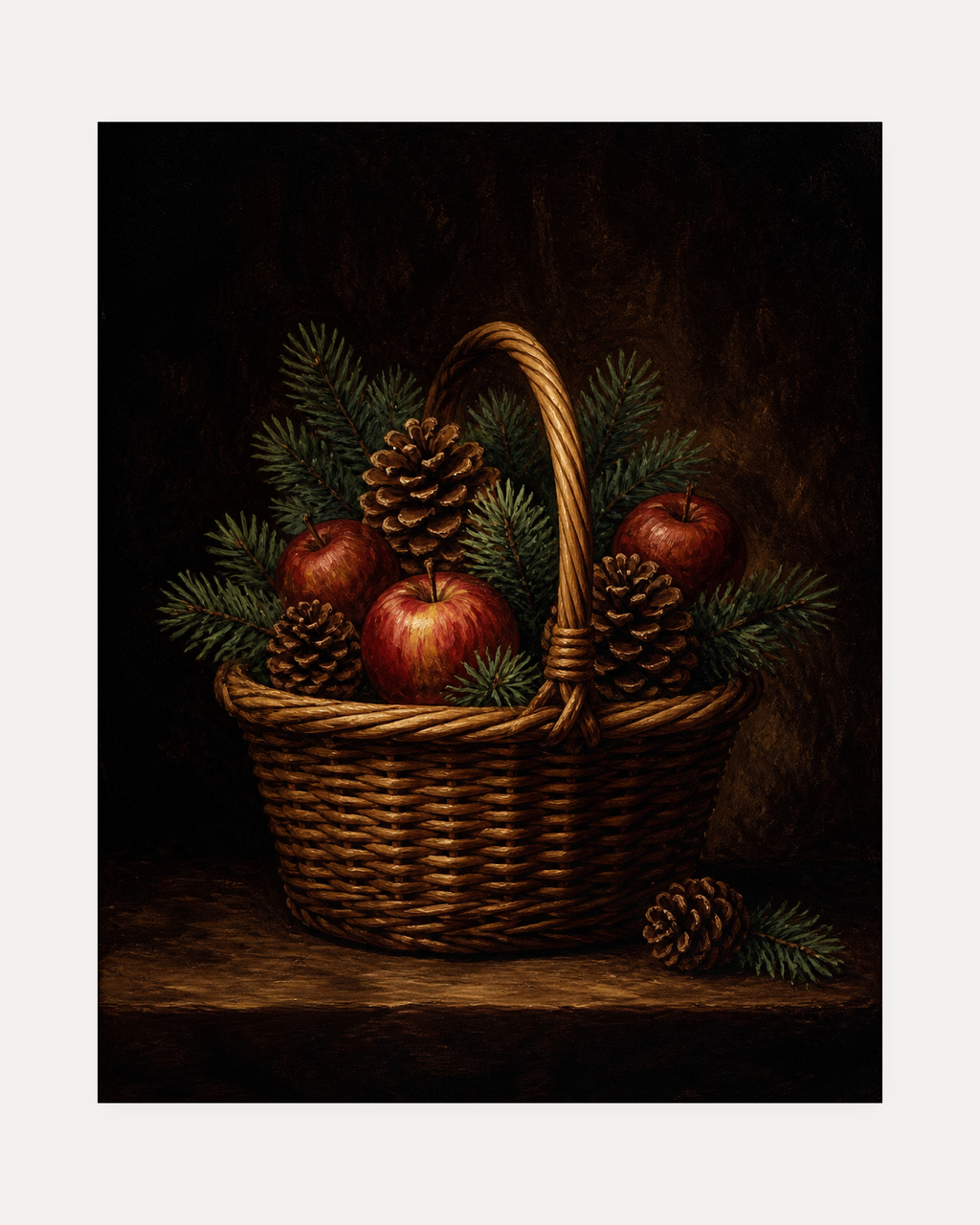 Winter Basket unframed apple basket print showing apples and pinecones in a basket