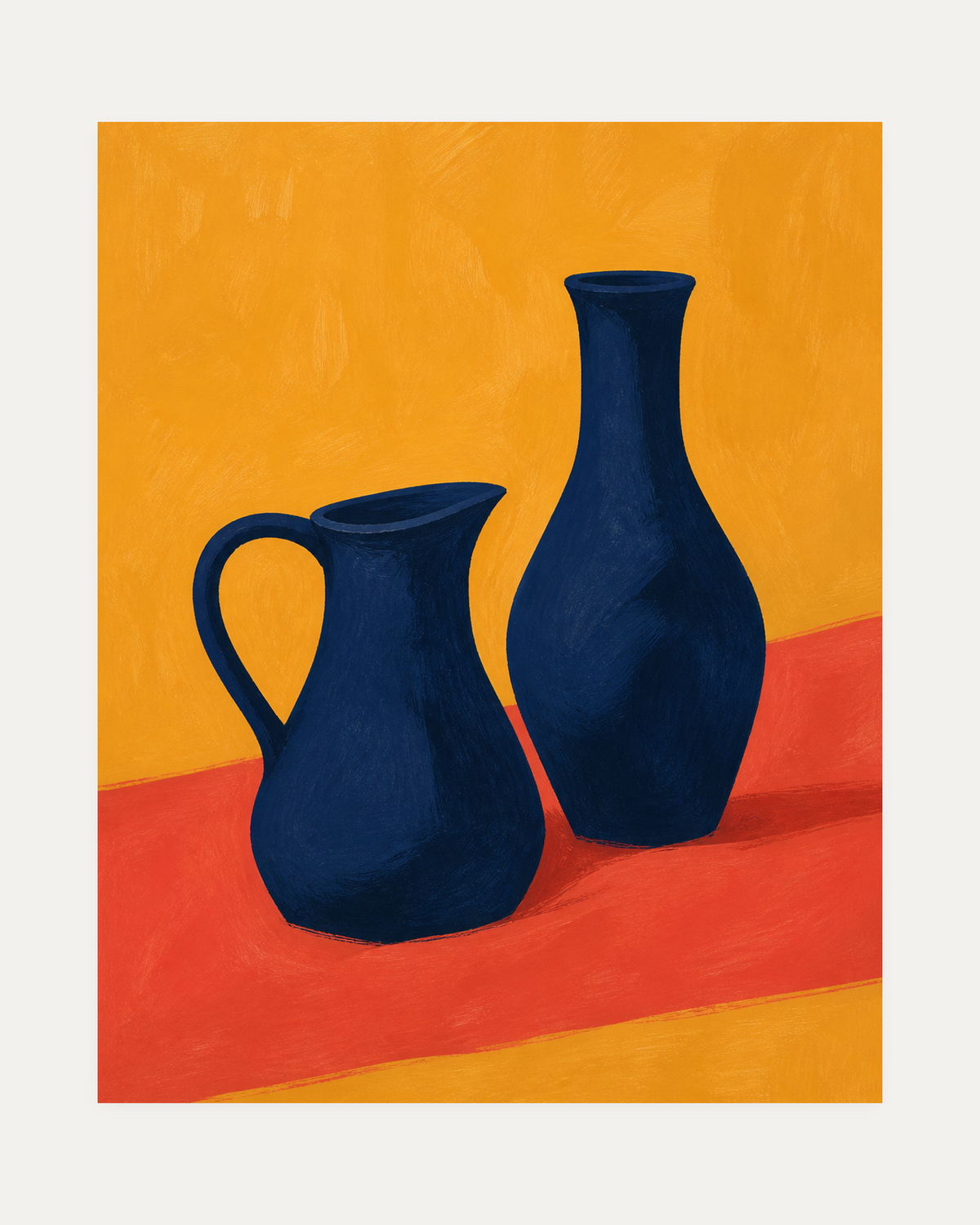 Table Pair unframed vase wall art print showing a navy pitcher and a tall navy bottle on coral