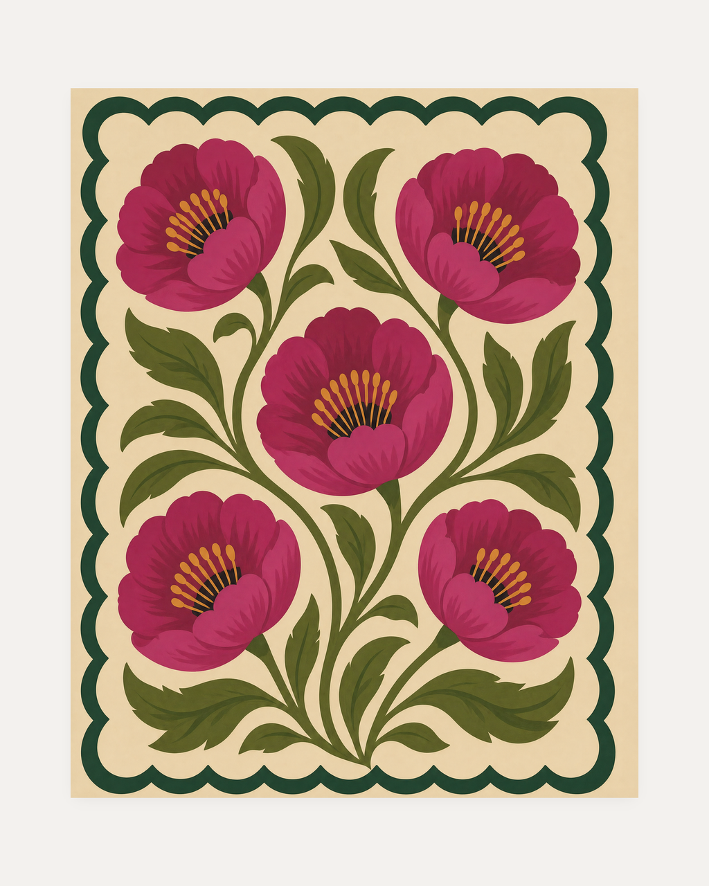 Poppy Medallion, magenta poppy wall art, five flat red flowers, olive stems, dark scalloped border