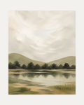 Still Water unframed scenic wall art print showing a pale lake and green hills