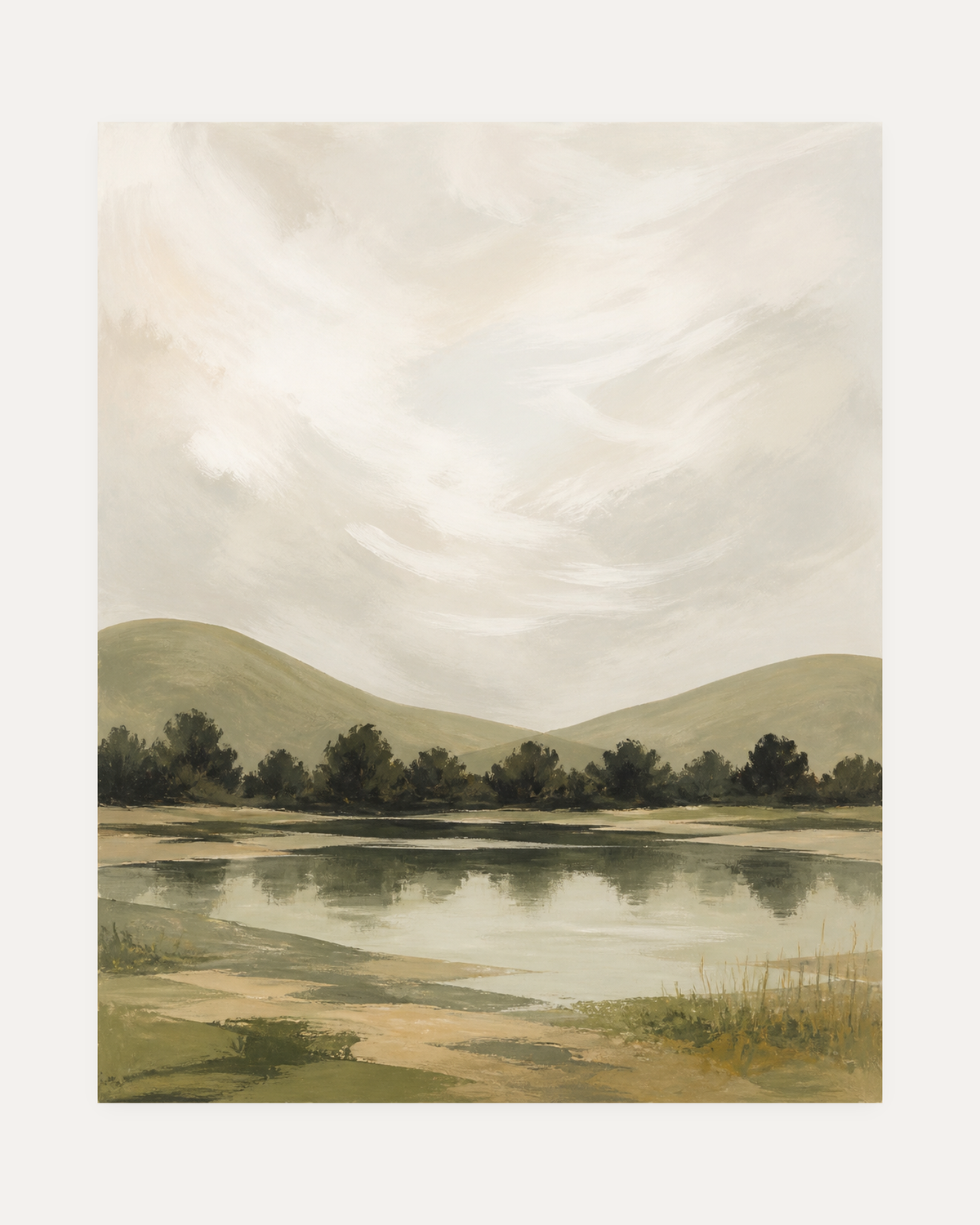 Still Water unframed scenic wall art print showing a pale lake and green hills