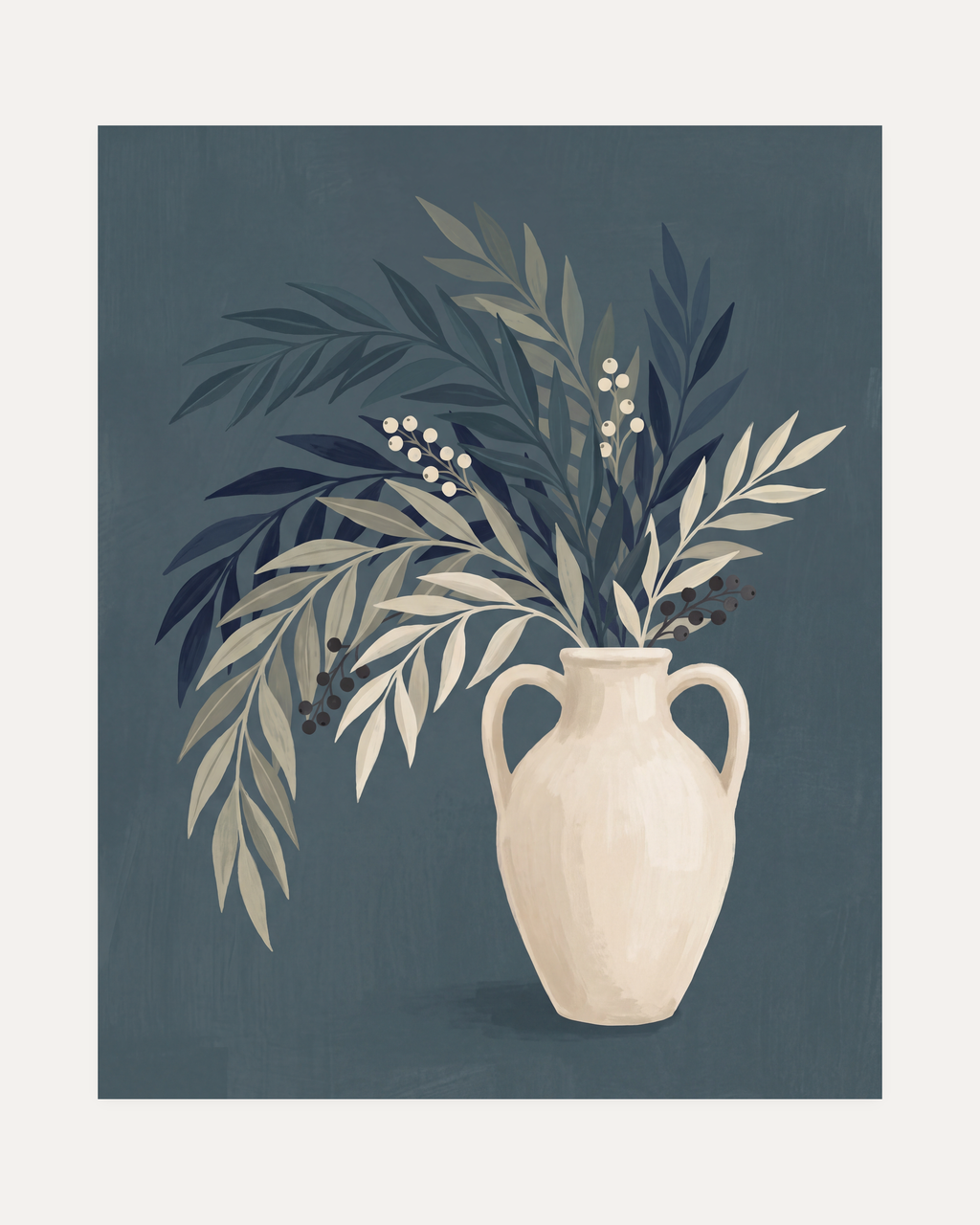 Teal Willow Pitcher unframed teal botanical wall art print showing vase, leaves, and berries in cream, blue, and green
