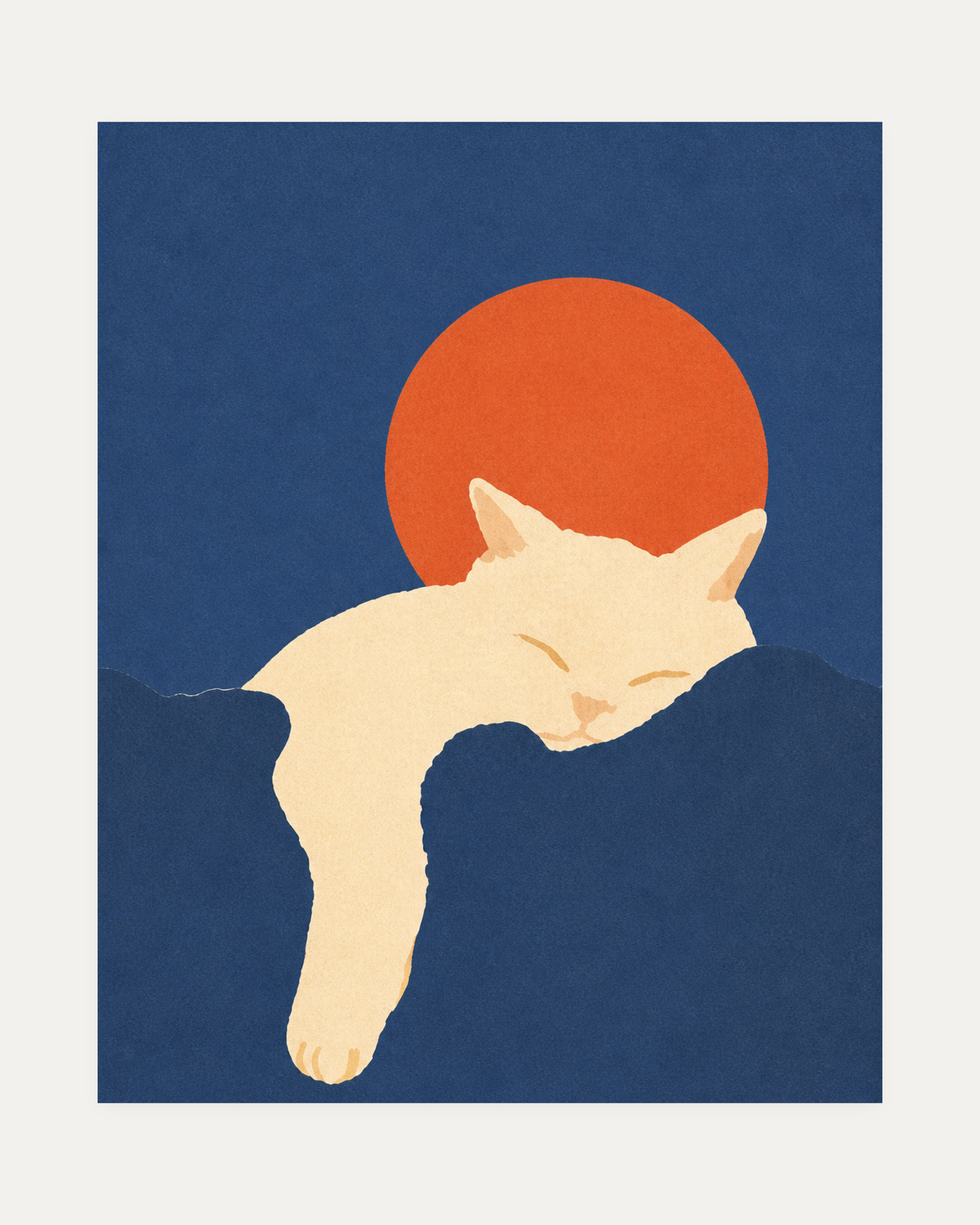 Nap Cat unframed white cat wall art print showing a sleeping cream cat in front of an orange sun