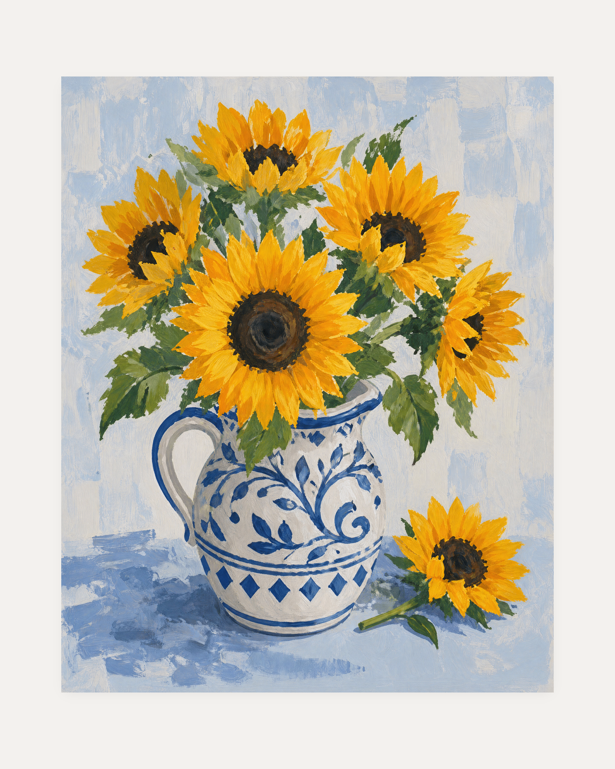 Orange Sunflowers One Blue Pitcher botanical sunflower print, yellow blooms, blue-white pitcher, green leaves