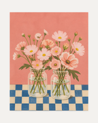 Table Cosmos unframed cosmos wall art print showing pink cosmos in two glass jars on a blue checkered cloth