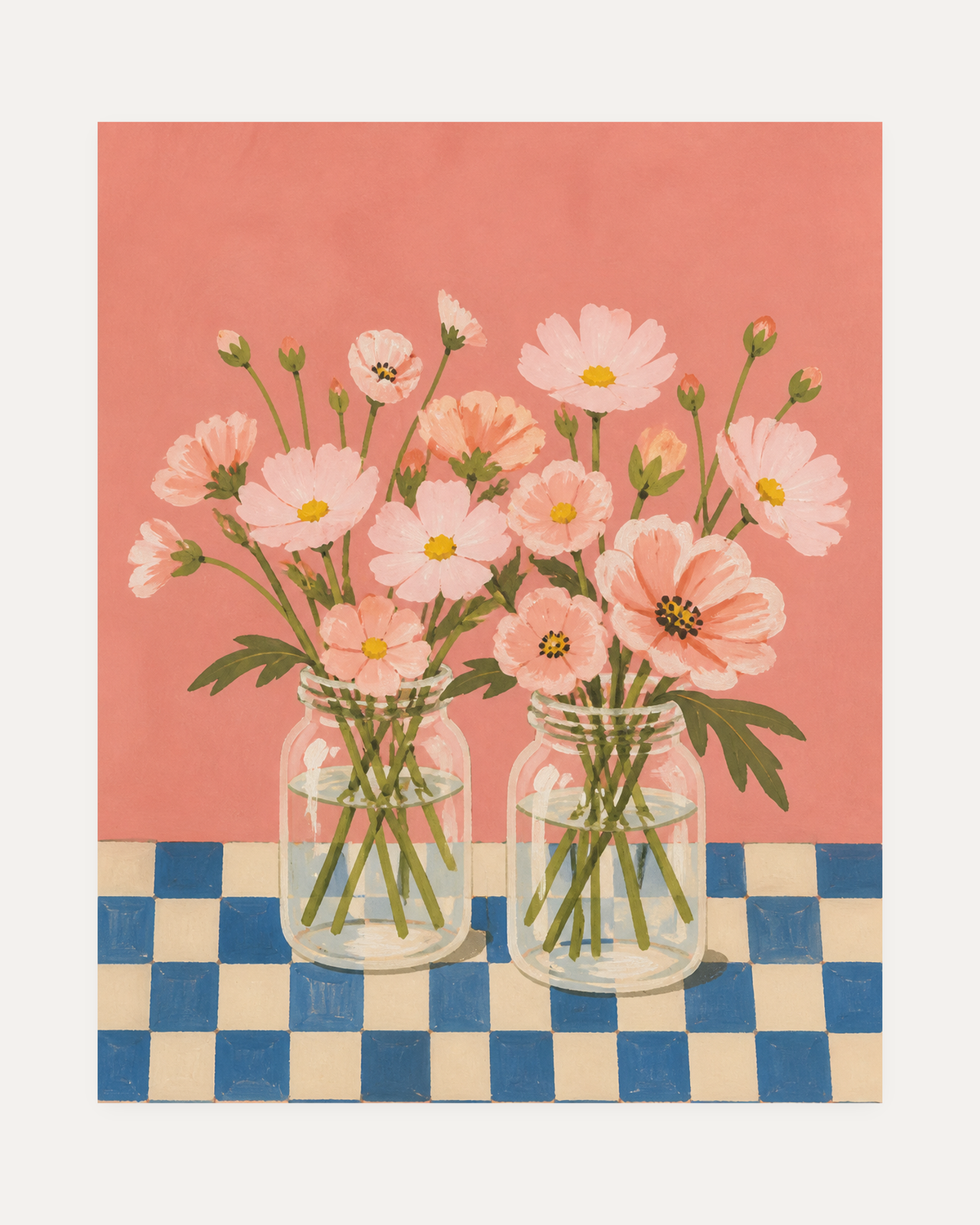 Table Cosmos unframed cosmos wall art print showing pink cosmos in two glass jars on a blue checkered cloth