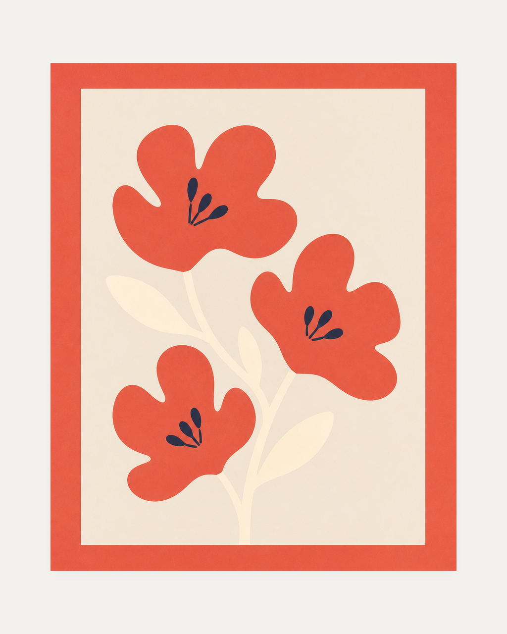 Flower Hour unframed coral flower wall art print showing three coral flowers with dark centers inside a coral border