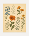 Specimen Daisy, ochre daisy plate wall art, orange daisy on beige ground with green stems and a blue spike