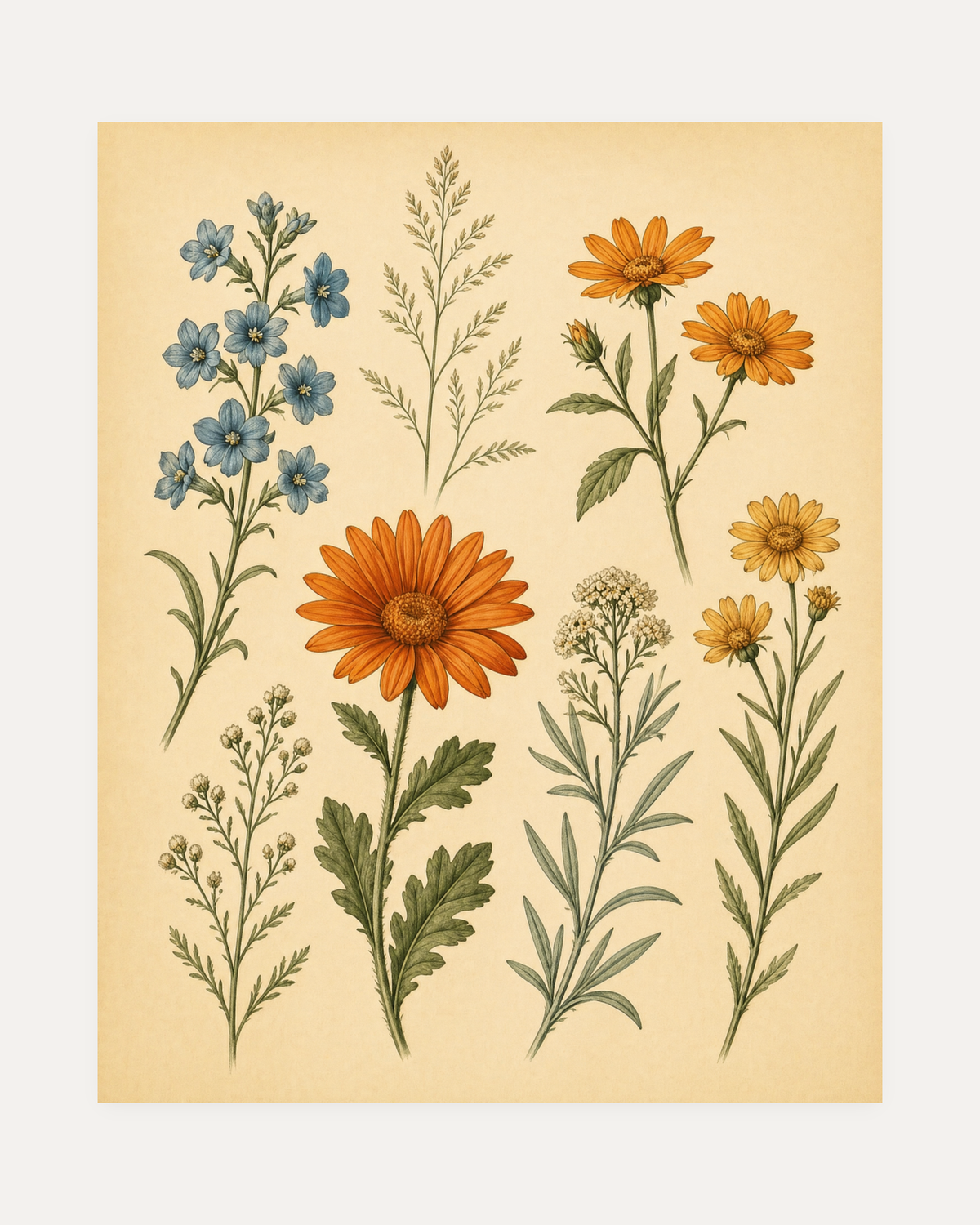 Specimen Daisy, ochre daisy plate wall art, orange daisy on beige ground with green stems and a blue spike