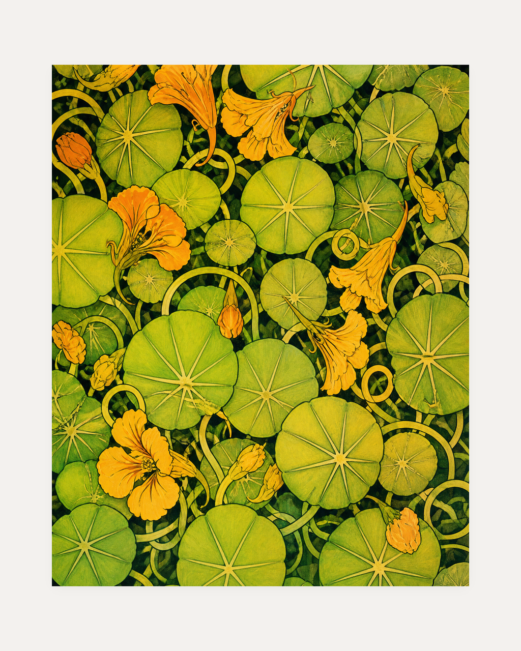 Nasturtium Hour, green nasturtium pad wall art, round green leaves, orange yellow flowers, black ground