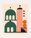 Arcade Hour, arcade dome coral tower wall art, stacked green domes, striped tower, black circular openings